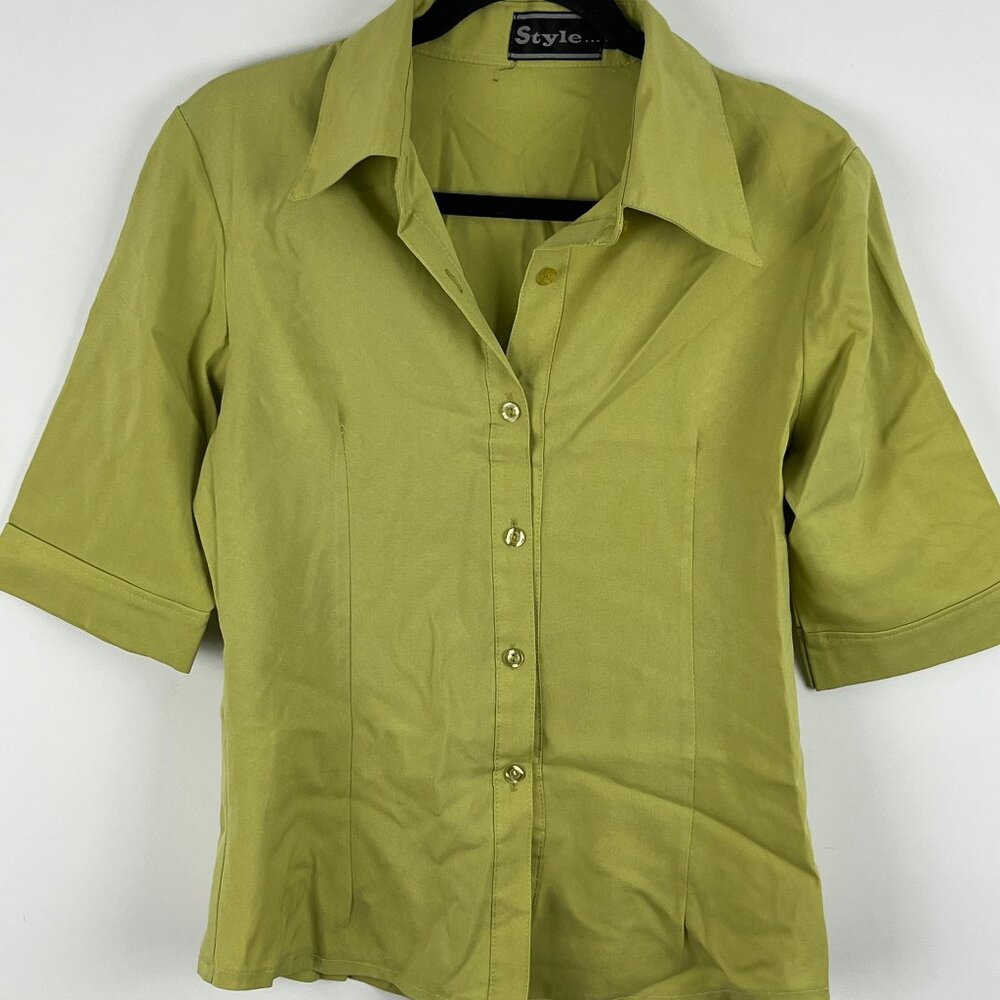 Style Top Blouse Size S Green Short Sleeve Button Down Collared Polyester Cotton